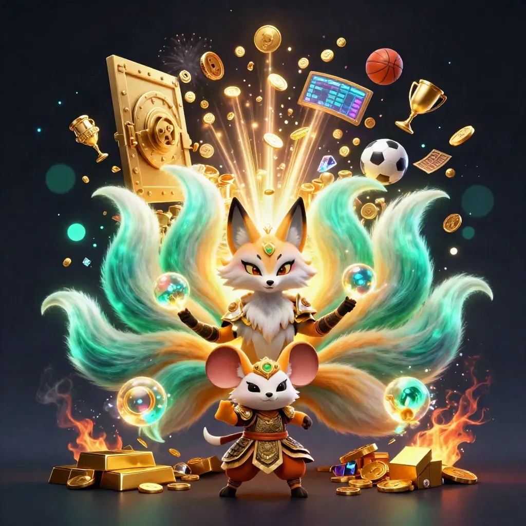 Fox spirit and armored mouse burst from a vault with coins, gems, and fireworks