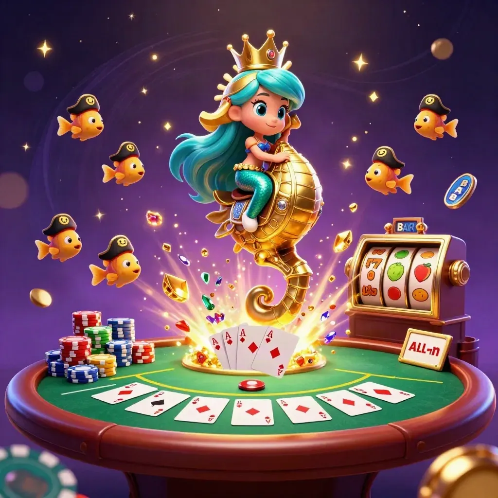 Mermaid princess on golden seahorse amid chips, cards, reels, gems, and neon casino magic