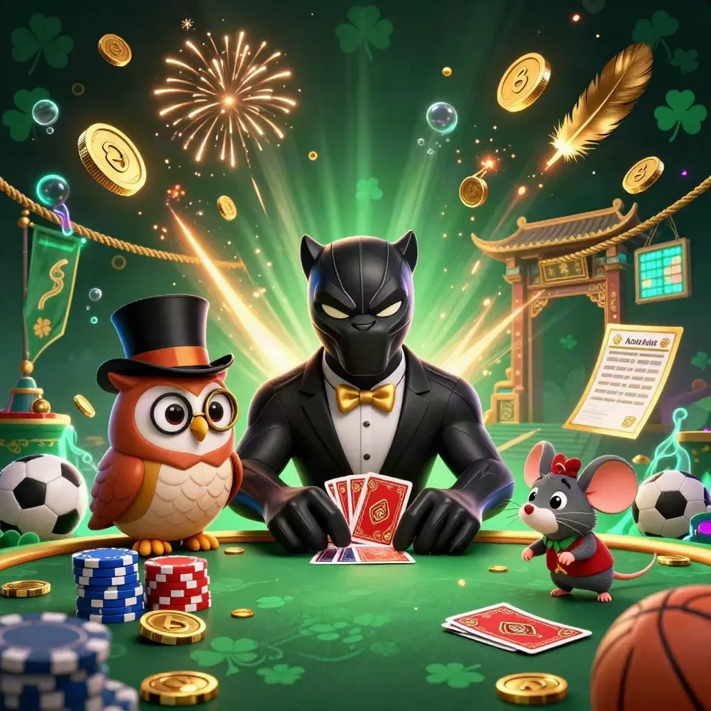 Panther, owl and mouse in a casino treasure burst with gold coins, neon glow and sports props.