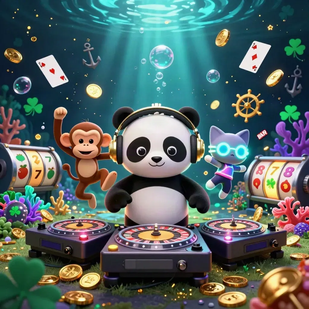 DJ panda, dancing monkey and glow-stick kitten in an underwater treasure cove with casino gems.
