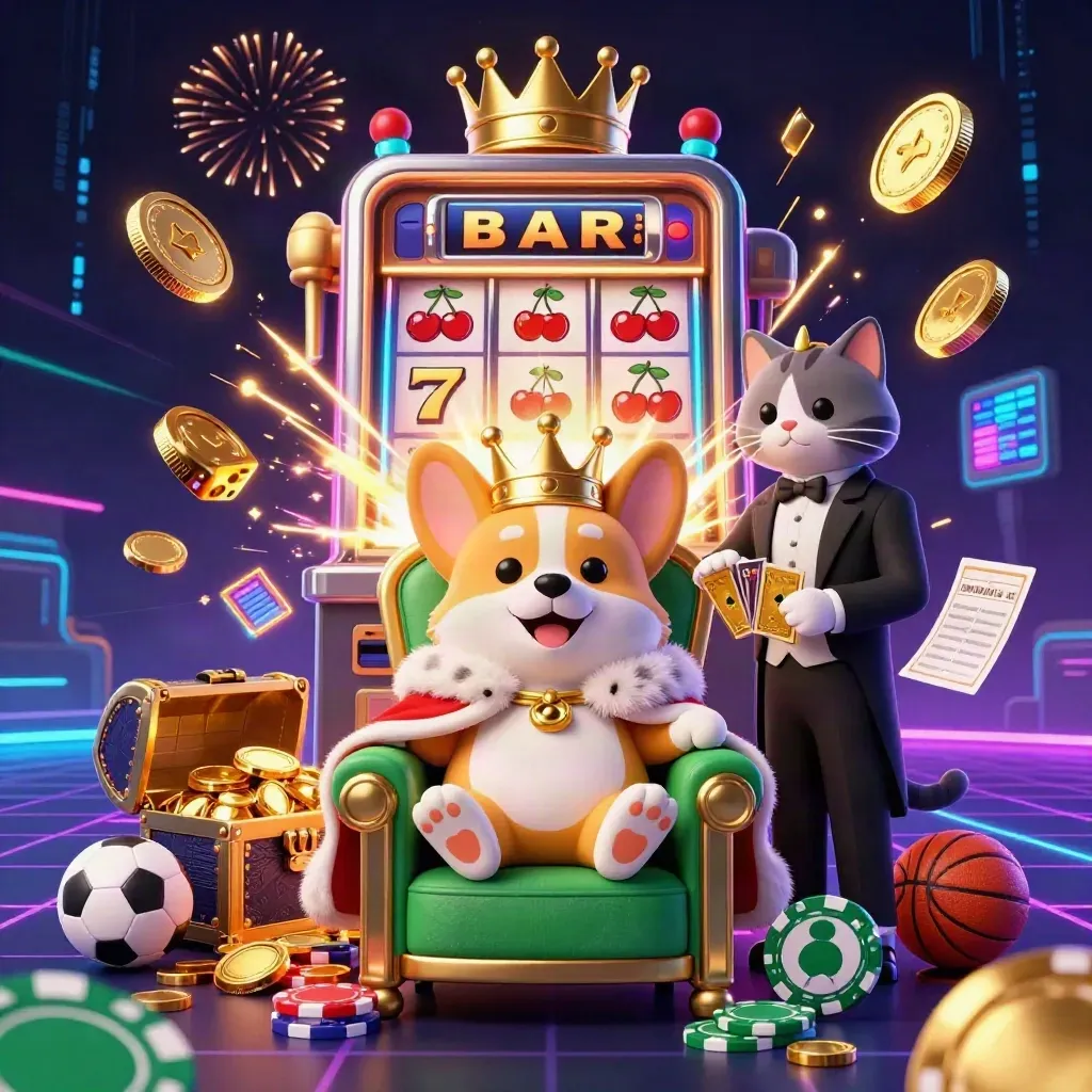 Royal corgi and cat butler erupt from a jackpot throne amid coins, fireworks, and neon casino energy.