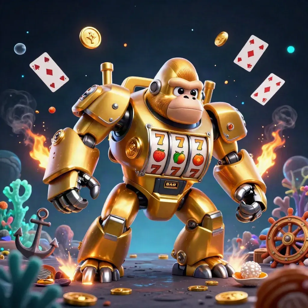 Golden gorilla slot-mech with tiny monkey pilot, treasure cove effects, dark navy casino glow.