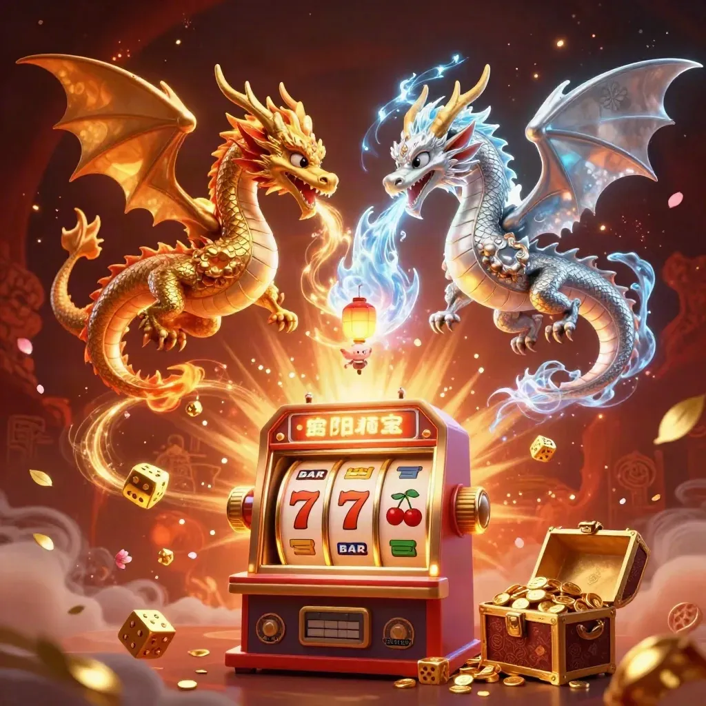 Gold and silver dragons entwined with fiery and icy breath, slot symbols and gold bursting around them.