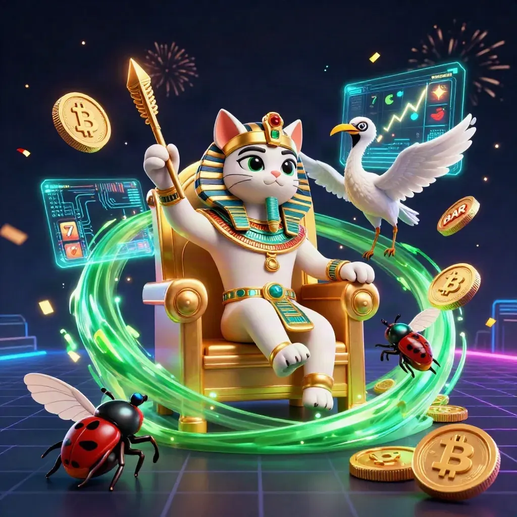 Pharaoh cat, ibis scribe, and gem-wing scarabs amid neon casino effects and gold coins
