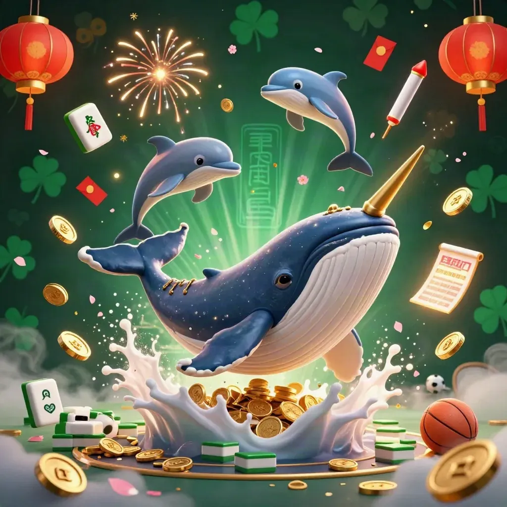 Whale captain, narwhal and dolphins burst from coins amid lanterns, fireworks and sports props.