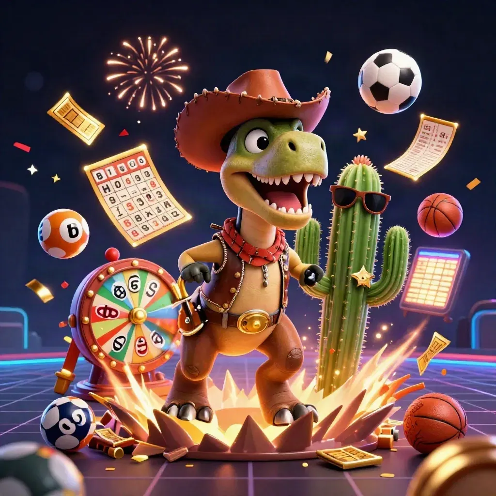 3D cowboy T-Rex, cactus sidekick and roadrunner amid coins, fireworks and casino effects