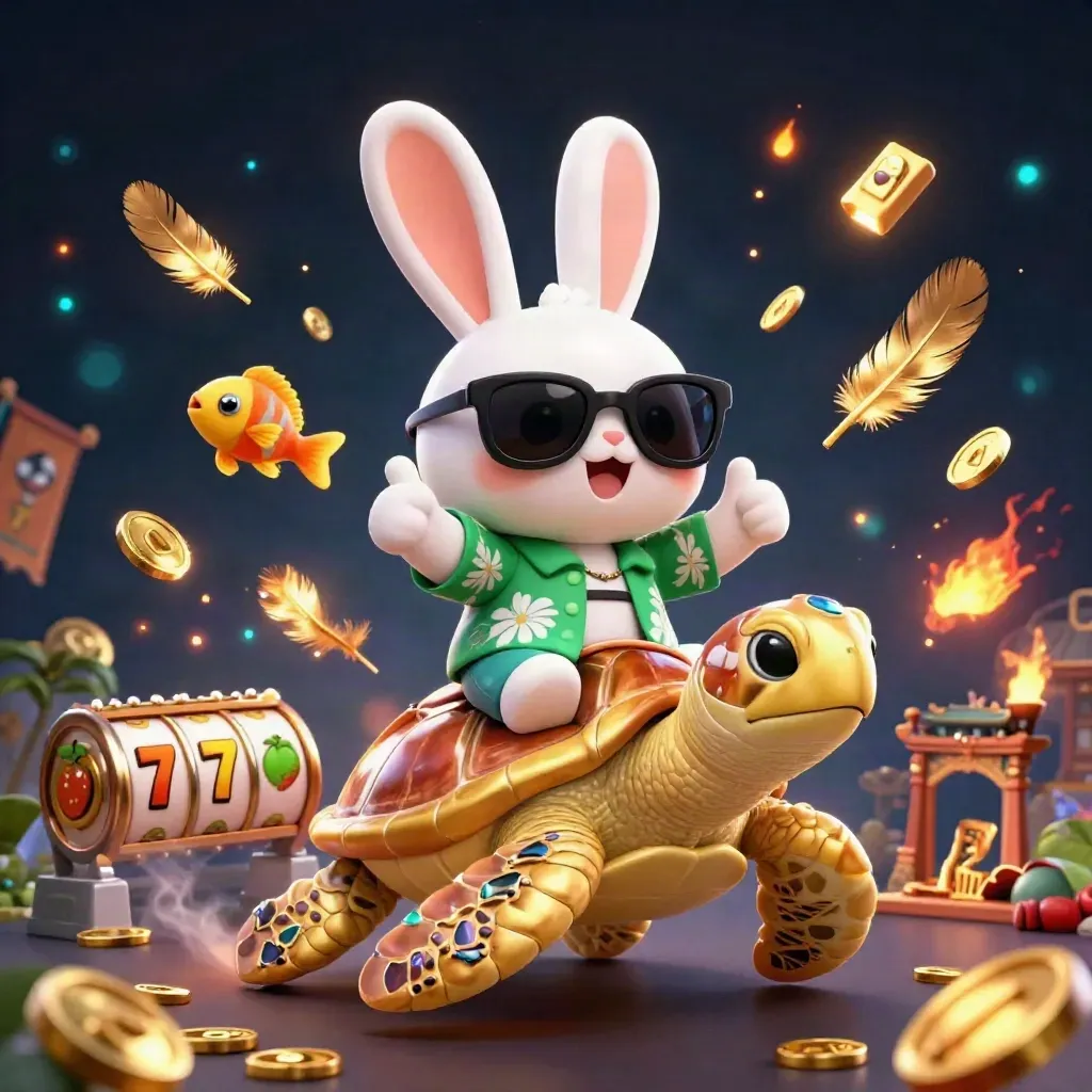 Lucky rabbit rides a jeweled turtle amid coins, reels, temple gate, fish, firelight, and neon casino effects.