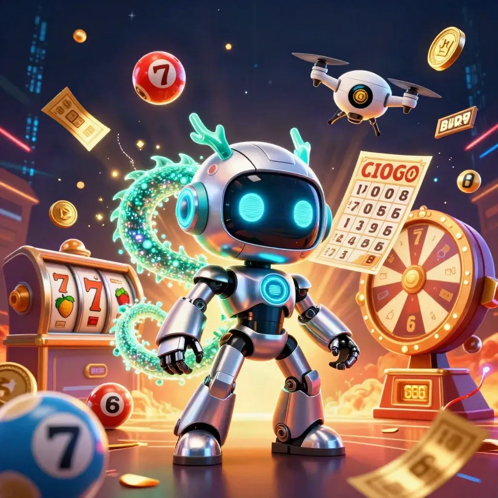 Robot, holographic dragon and coin drone amid casino symbols and glowing embers