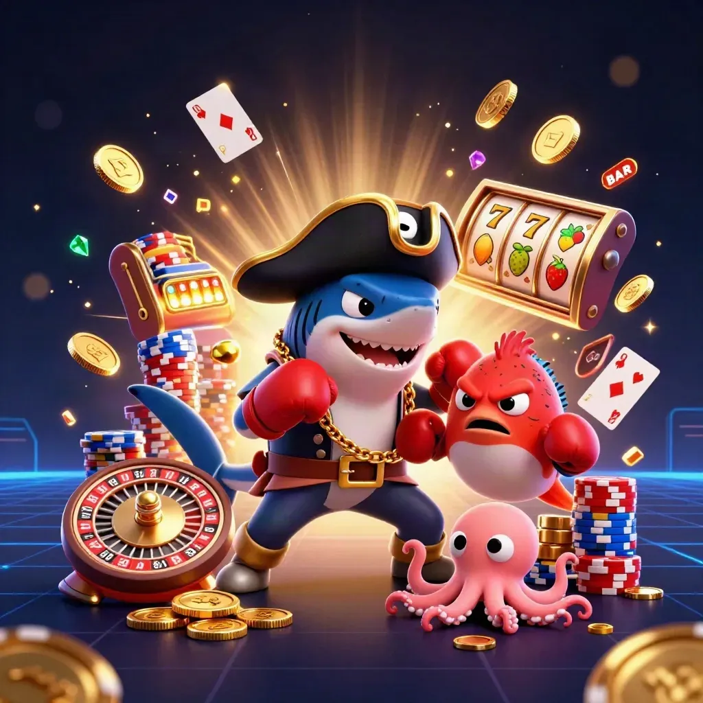Pirate shark, boxing pufferfish, and coin-juggling octopus amid casino gold and neon light.