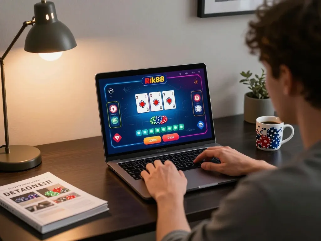 Engaged player using Rik88 for an exciting online poker game, showcasing vibrant graphics and strategic moments.