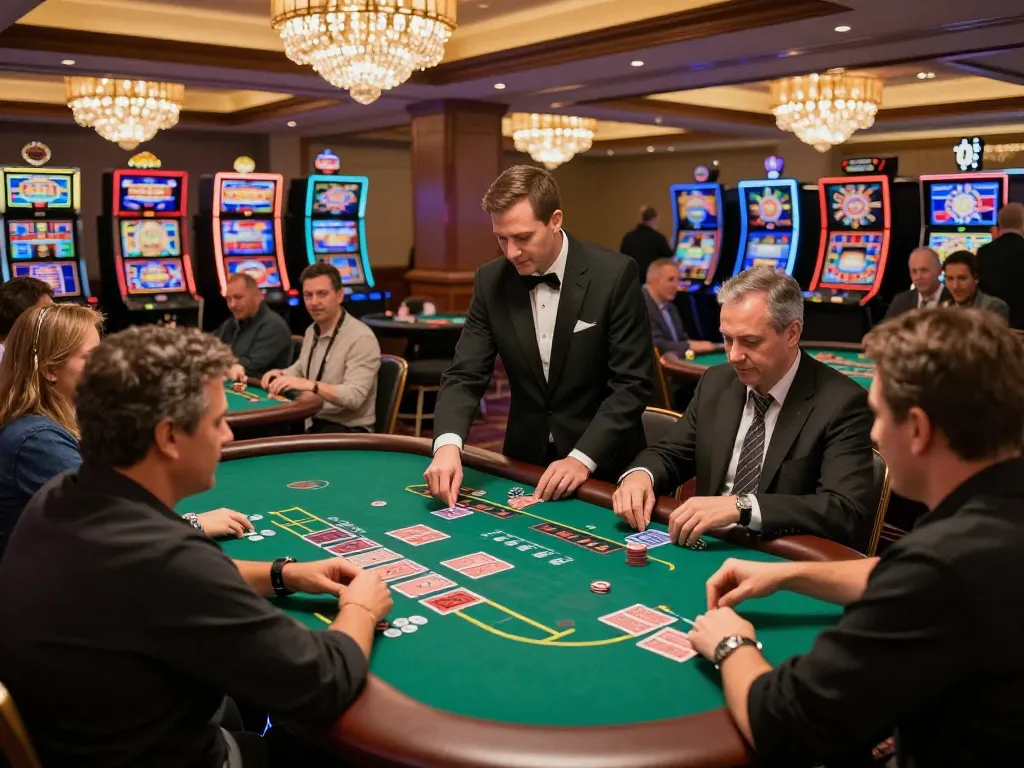Players enjoying a thrilling game of blackjack at OKFUN casino, engaged in strategic betting decisions.