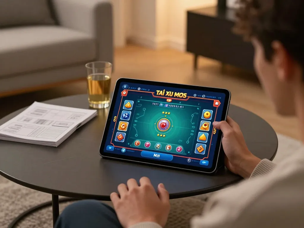 Engaging in tài xỉu md5 on tablet, enjoying cozy home gaming environment