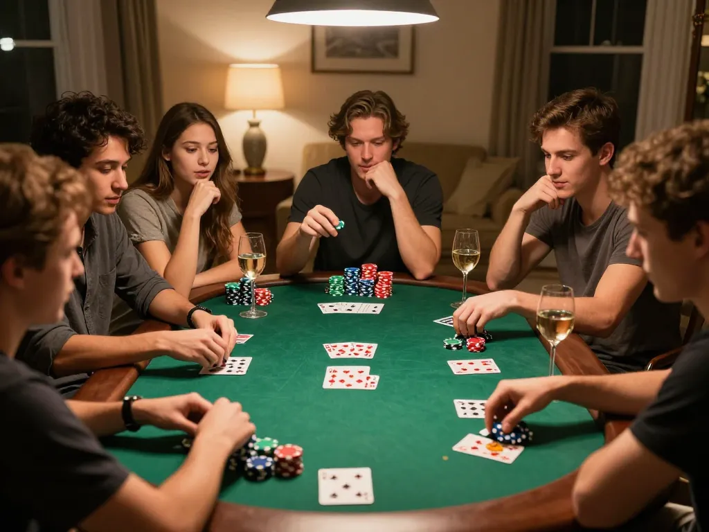 Friends enjoying a lively poker night at home featuring go99 strategies, snacks, and ambiance.