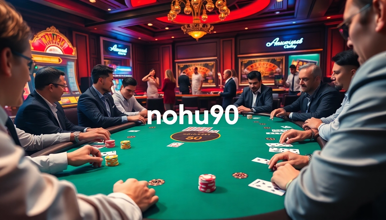 Engaged players at nohu90 enjoying a thrilling poker game in a luxurious casino setting.