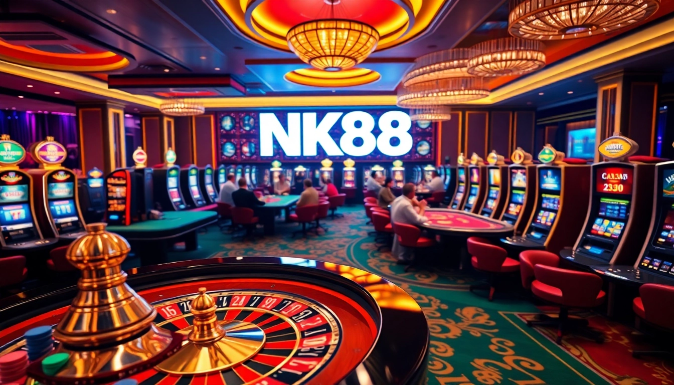 NK88 players enjoying a dynamic casino atmosphere with roulette and poker tables full of action.