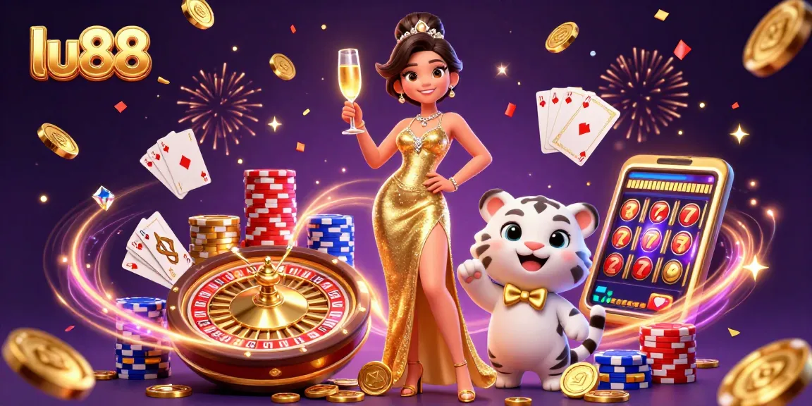 lu88 invites players to enjoy a thrilling casino experience with glamorous characters and festive gambling elements.