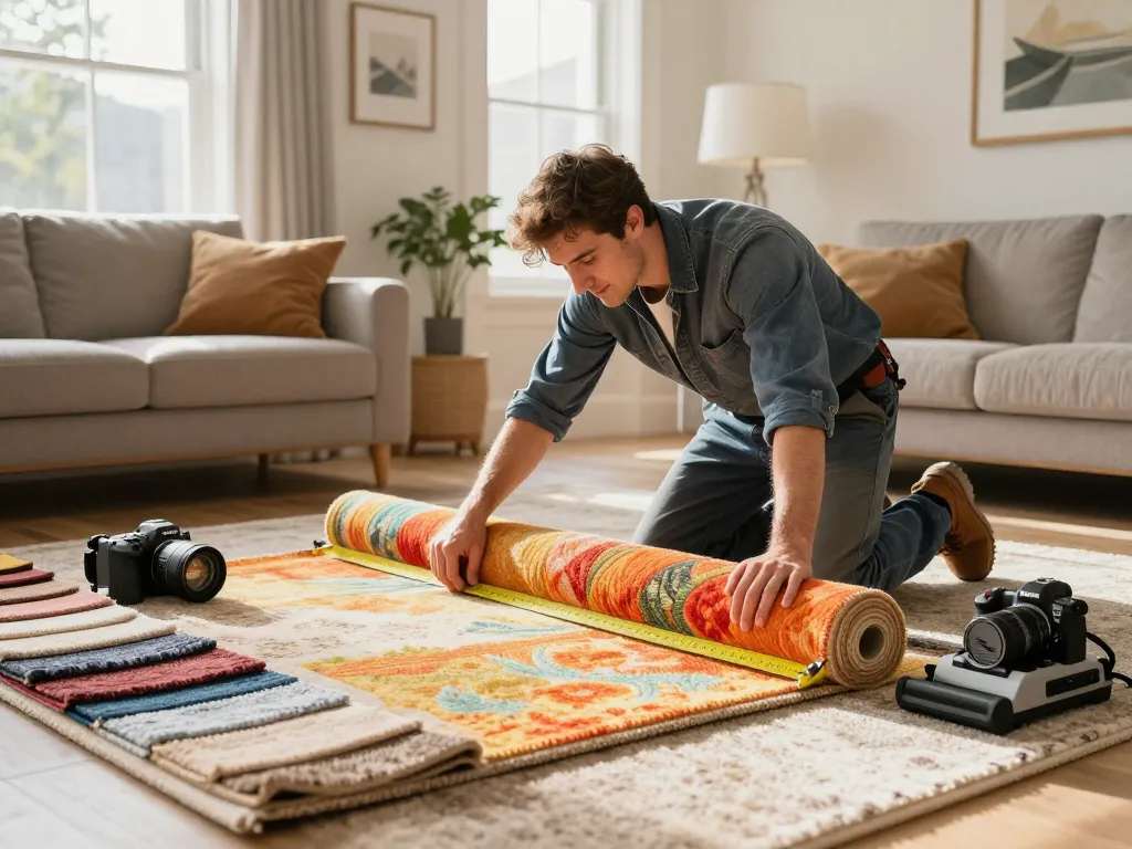 Expert carpet fitters near me installing colorful carpet in a cozy living room
