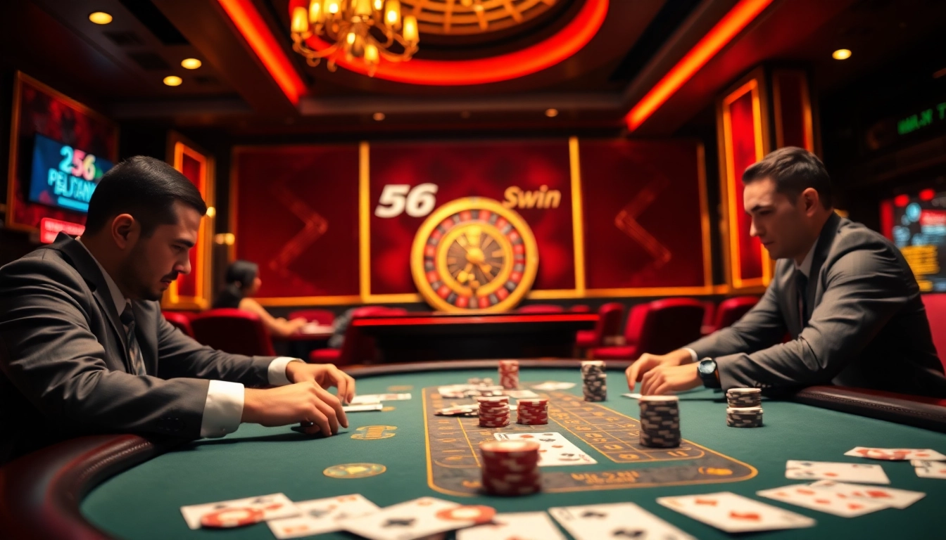 Exciting poker game scene at a luxury casino representing 56win's thrill and strategy.