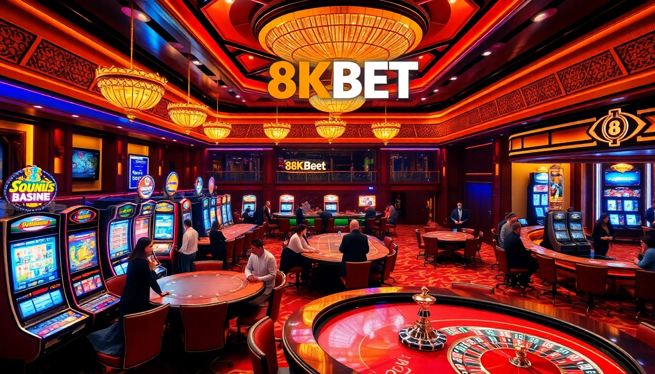 Experience exciting gaming action at 8KBET's modern casino with vibrant slot machines and roulette.