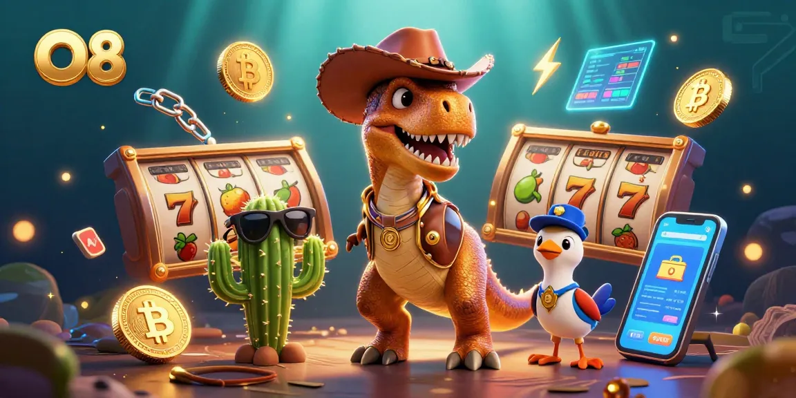 Engage with O8 in a vibrant casino adventure featuring a T-Rex, cactus sidekick, and roadrunner amidst neon crypto coins and slot game elements.