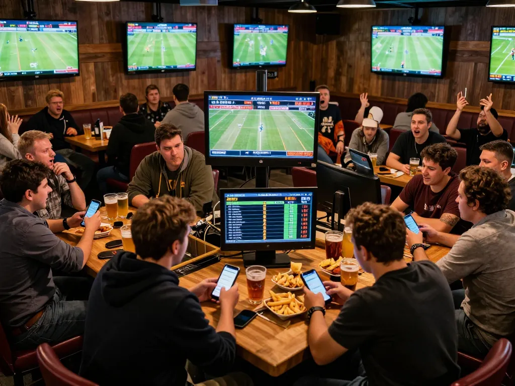 KQBD sports betting scene with patrons eagerly following live games and odds updates