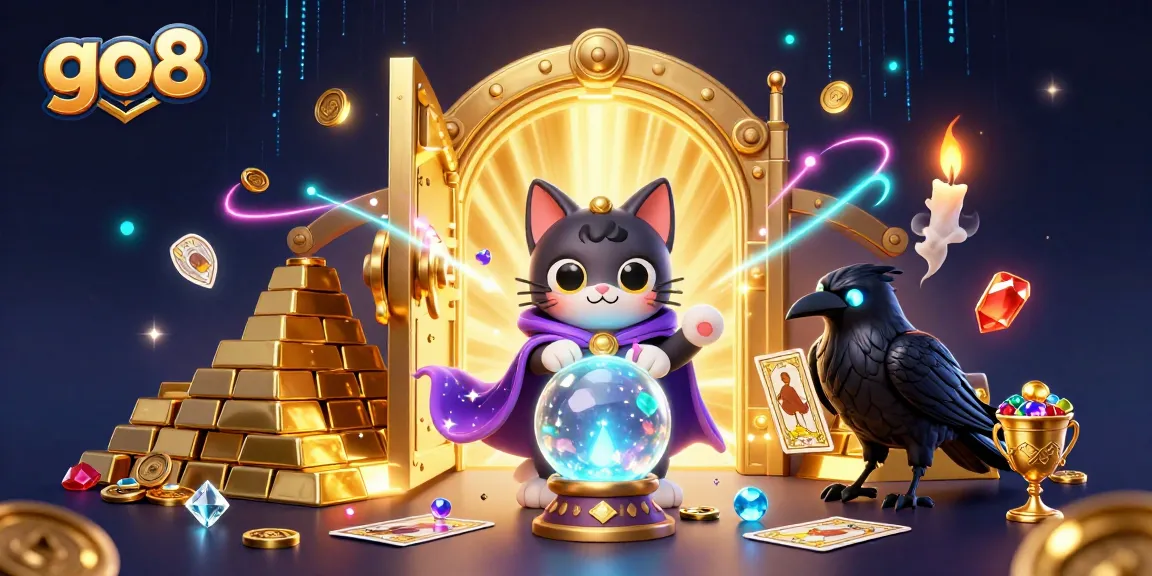 Engage with go8's vibrant casino world, featuring a mystical fortune teller cat and glowing raven amidst treasures.