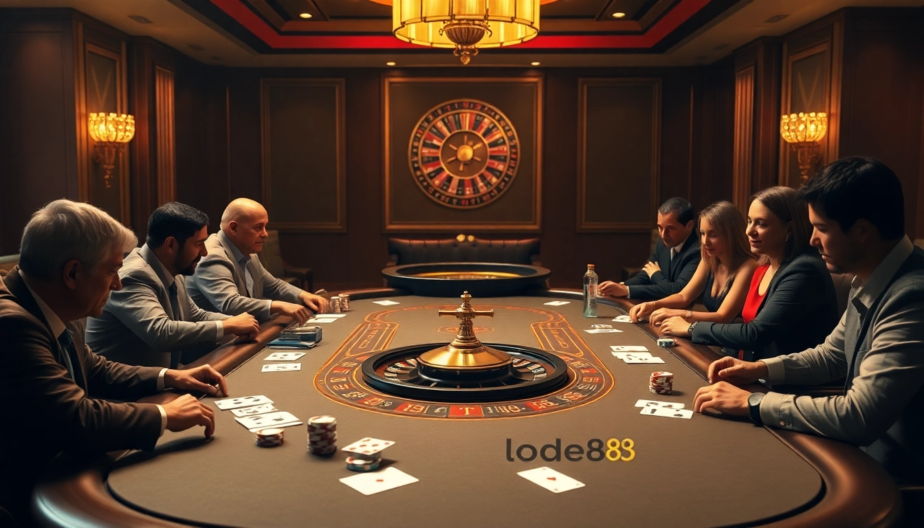 Lode88 poker players strategizing at an upscale casino table with vibrant chips and cards.