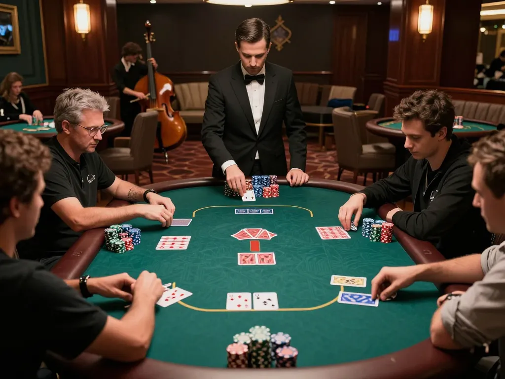 Twin68 players strategizing during an intense poker game in an upscale casino.