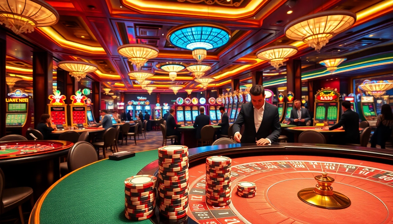 Experience FLY88's excitement with vibrant casino tables, slot machines, and poker chips in a luxurious gaming environment.