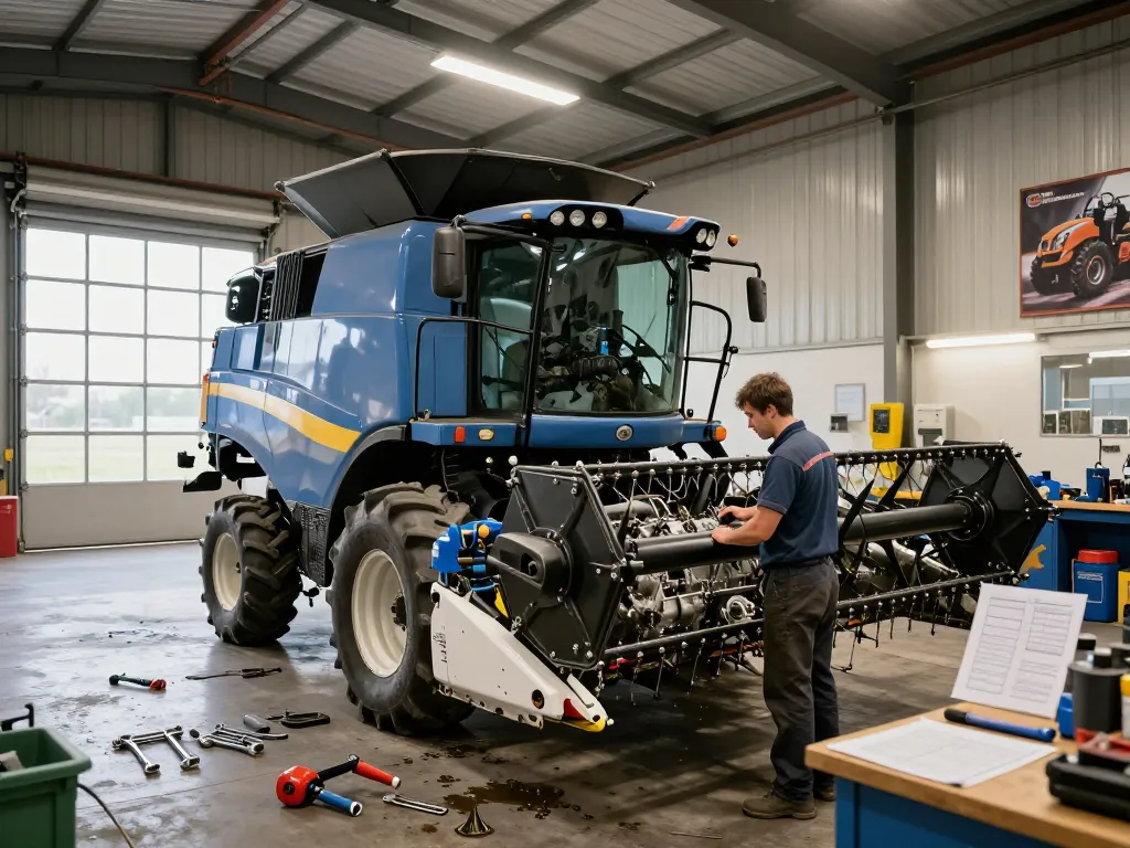 Mechanic inspecting New Holland TR88 combine harvester in a busy workshop, showcasing heavy industry maintenance.