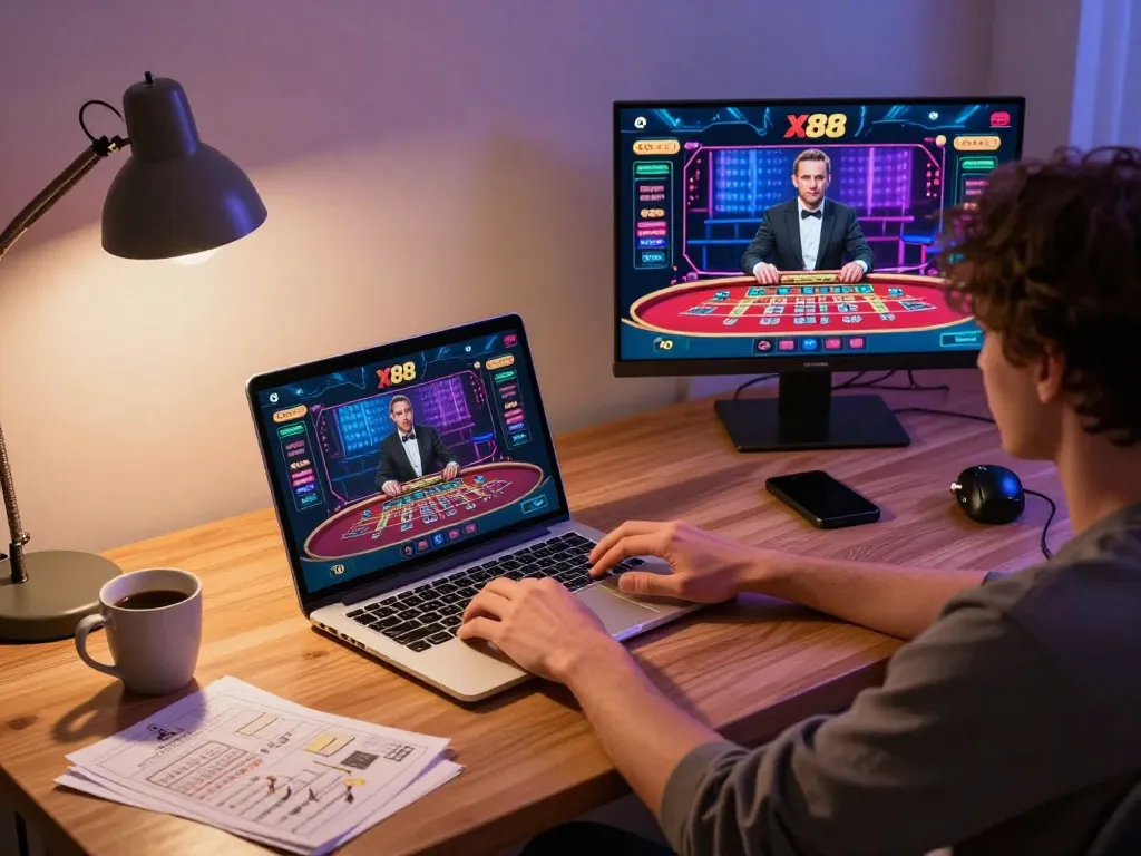 X88 user engaging in online casino gameplay on laptop with live dealer interface, showcasing a strategic gambling experience.