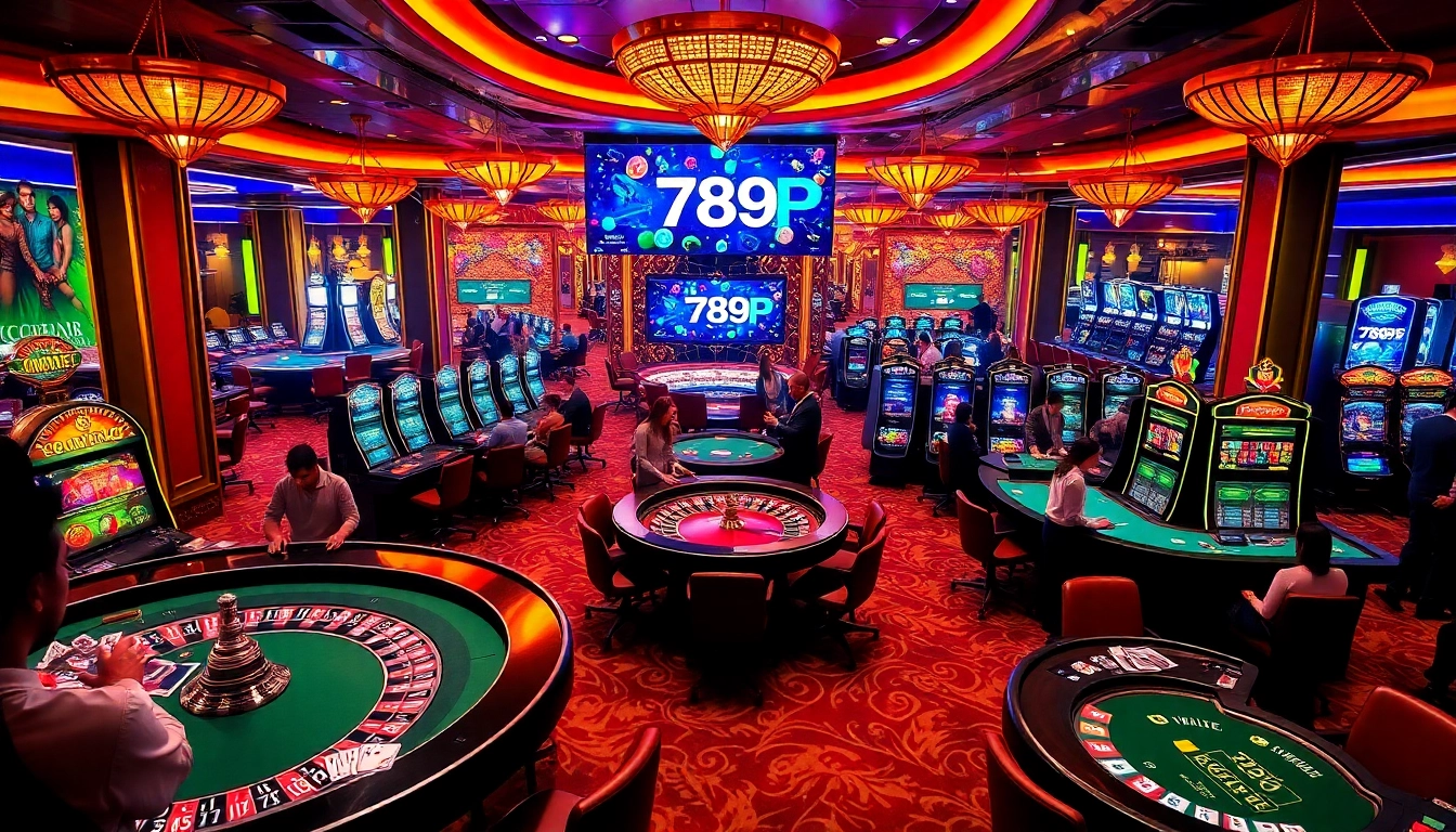 Excited players engaging with 789P poker chips and vibrant casino games in a luxurious gambling hall.