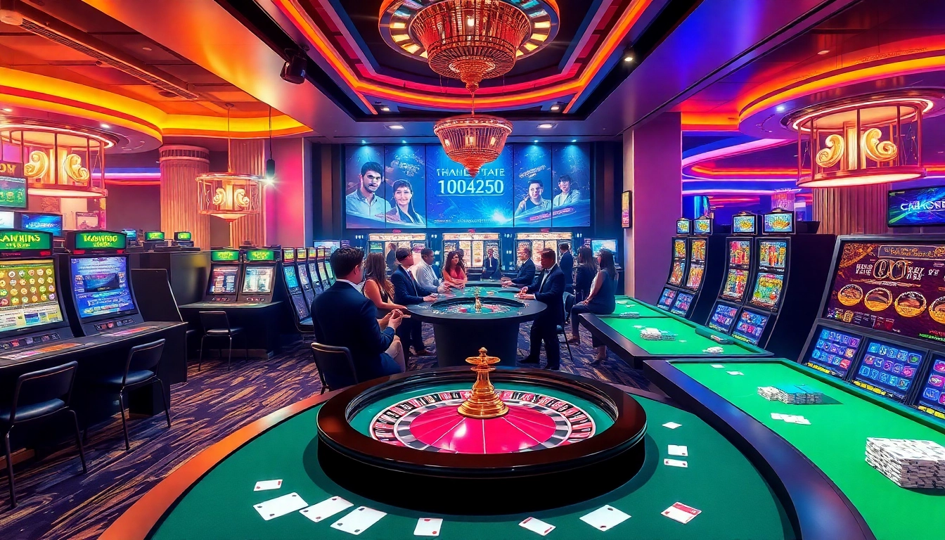 Experience the thrill of online gaming at https://thabet77.org/ with a luxurious casino scene filled with vibrant action.