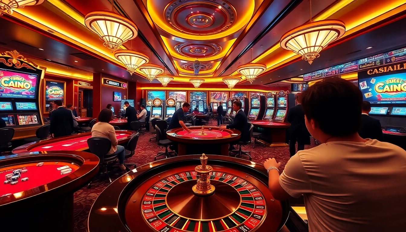 Exciting casino gaming scene at https://xx88.host featuring poker tables and slot machines.