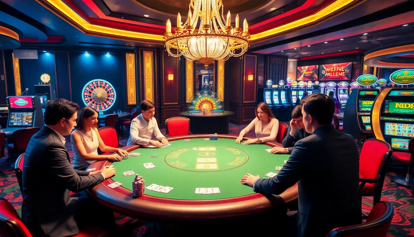 KJCgaming.com players enjoying an intense poker game at a vibrant casino table.