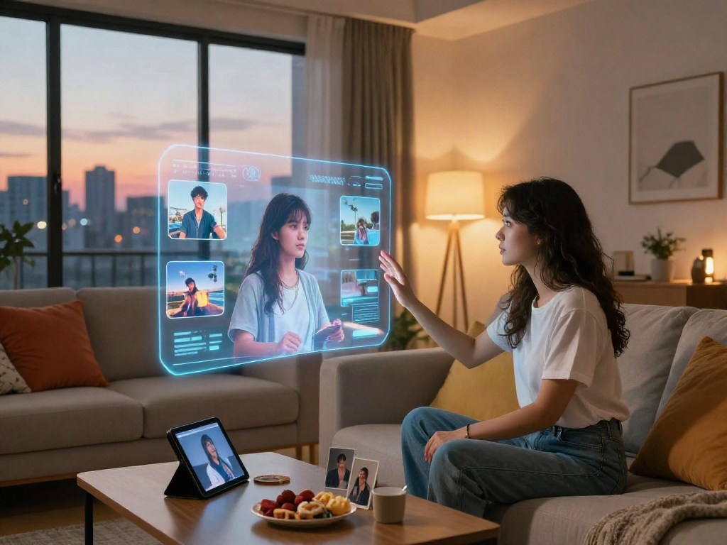 Engaging moment with an AI girlfriend in a stylish living room setting