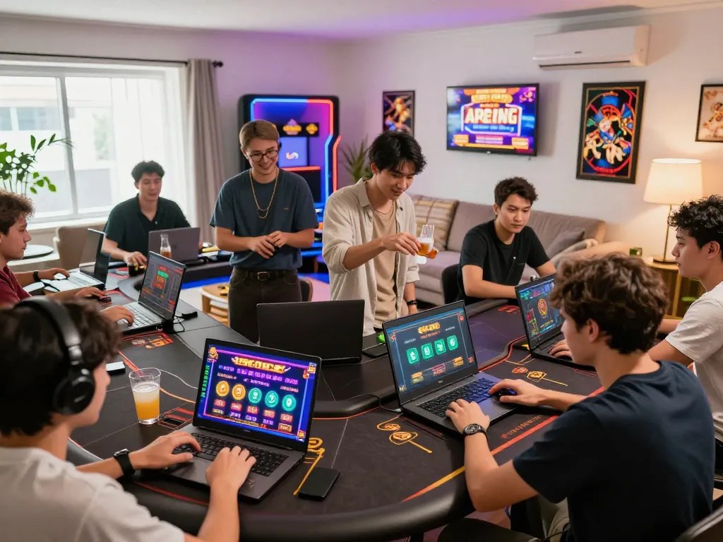 Players strategizing and enjoying the hit-club gaming experience at home using laptops and tablets.