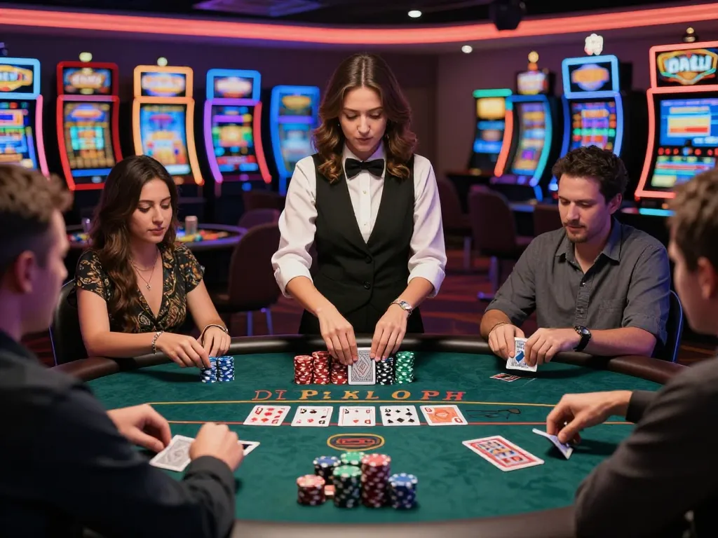 Players at the SC88 blackjack table strategizing their bets as the dealer shuffles cards.