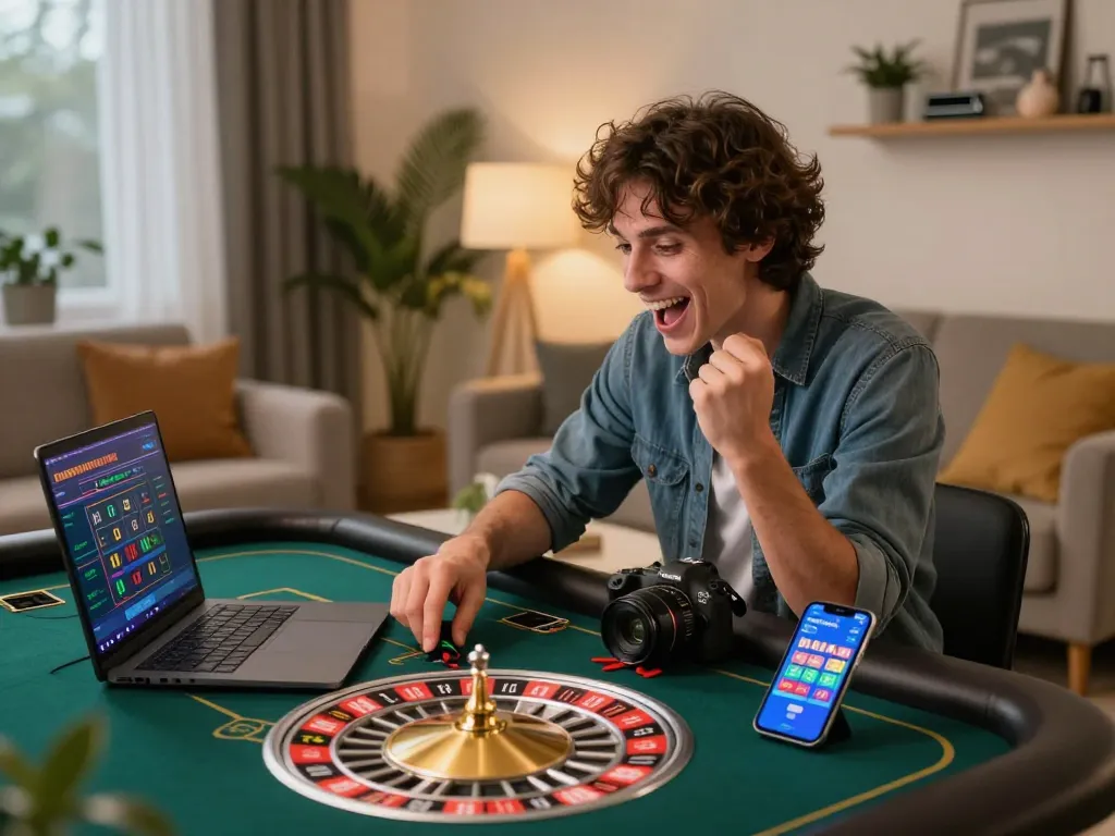 Bsport user interacting with live dealer roulette online in a cozy home setting