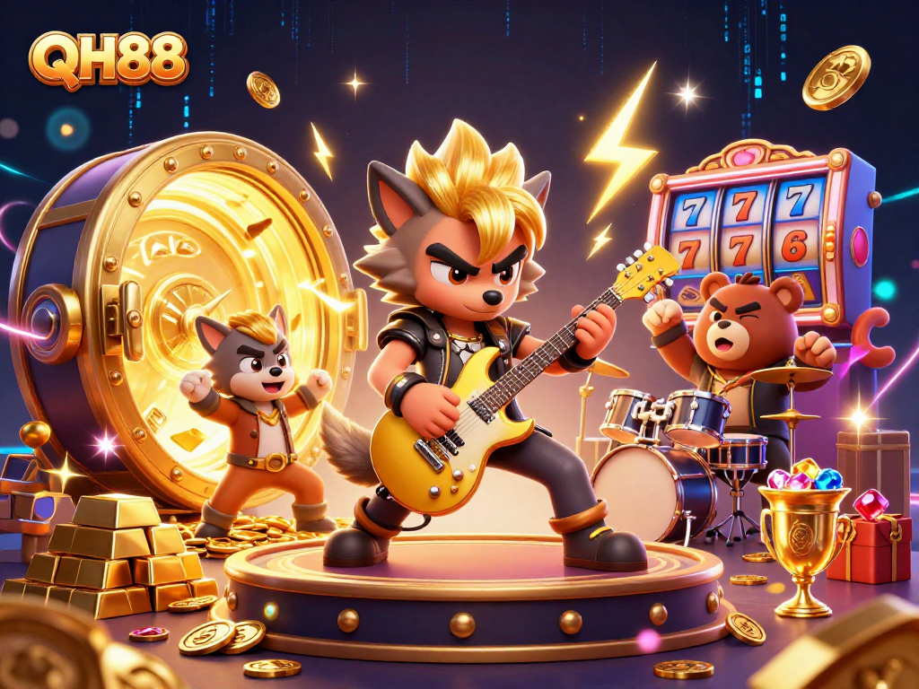 Engage with the lively QH88 casino scene featuring a rock star wolf and drummer bear in action.