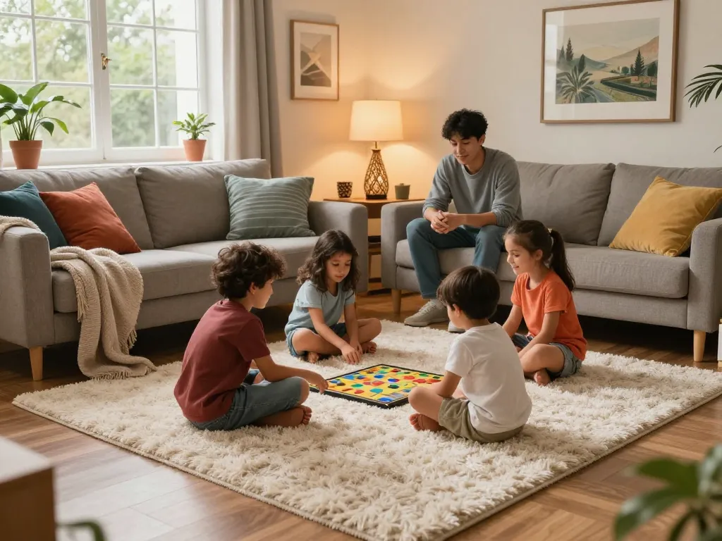 Affordable carpets London showcased in a cozy living room with family playing a board game.