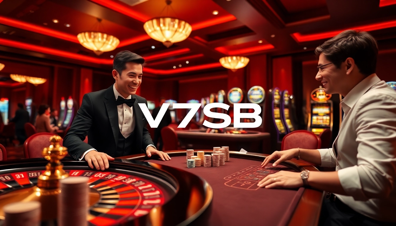V7SB casino scene showcasing players at a poker table, enjoying thrilling gambling experiences with a lively atmosphere.