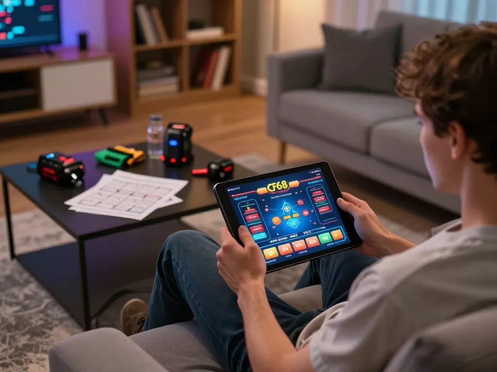 Engaging in online gaming at home with CF68 app on tablet, showcasing strategic gameplay.