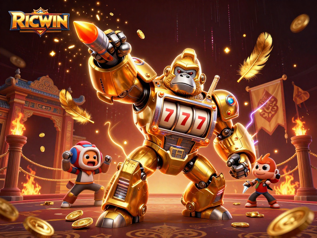 Capture thrilling RICWIN moments with a golden gorilla mech amidst swirling feathers and coins