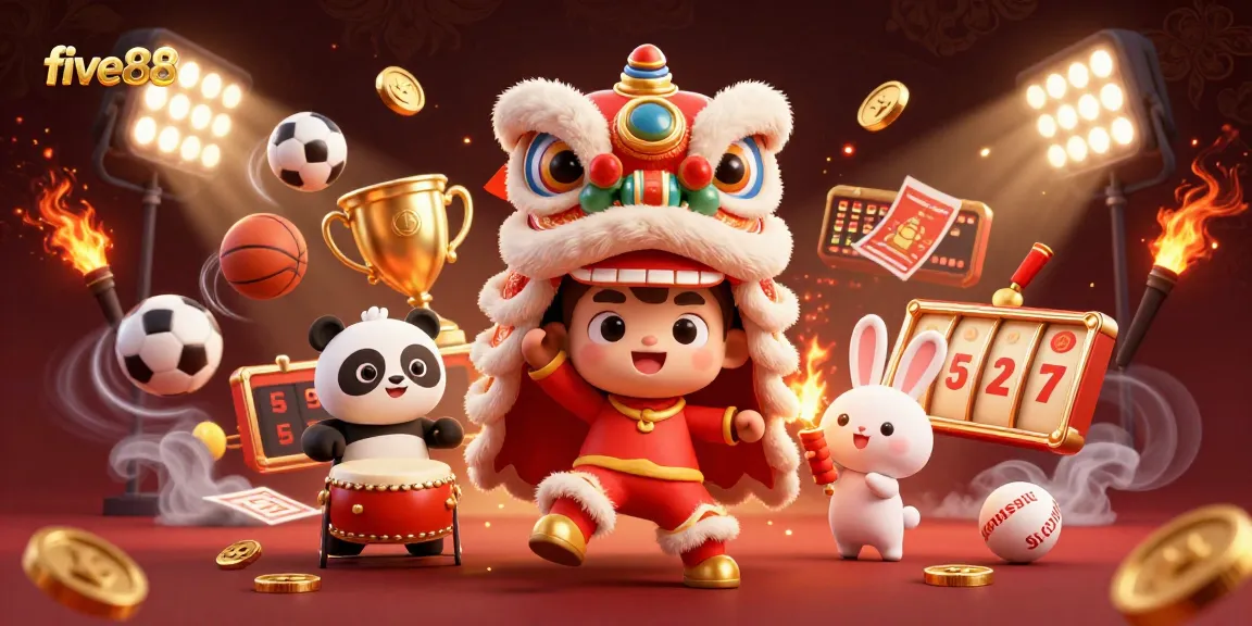 Experience thrilling action at five88 with an exciting lion dance and vibrant gaming elements.