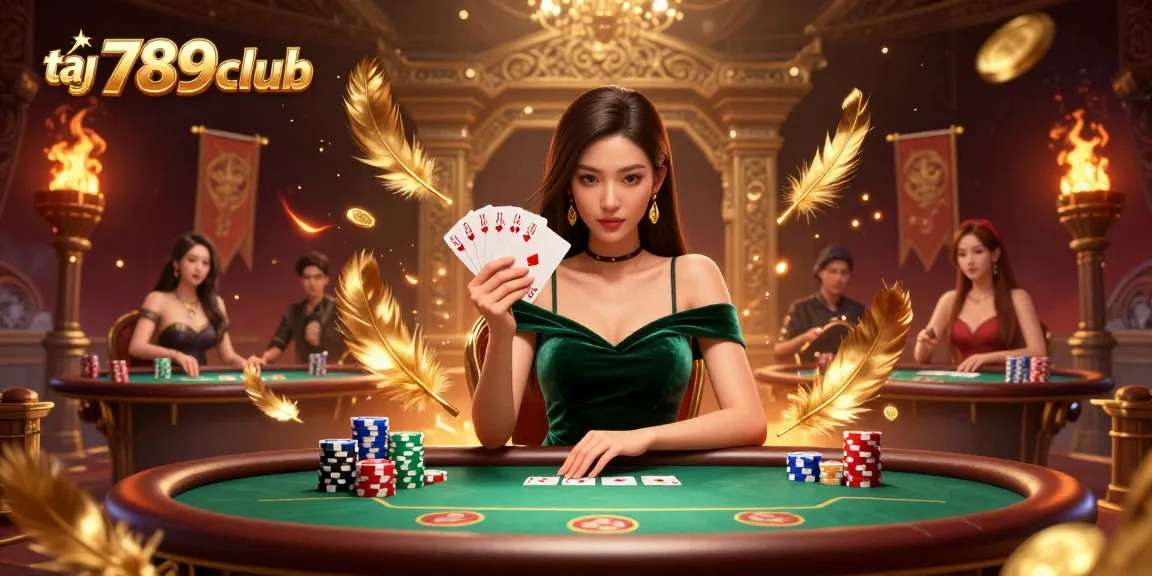 Enjoy gaming at tại 789club with an elegant woman playing poker amidst vibrant casino elements.
