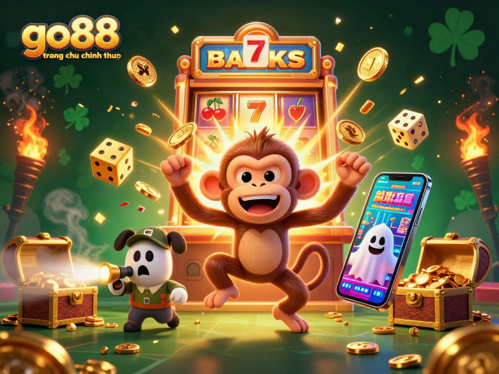 Engaging casino scene featuring go88 trang chu chinh thuc with a mischievous monkey and ghost-hunter puppy surrounded by vibrant gaming elements.