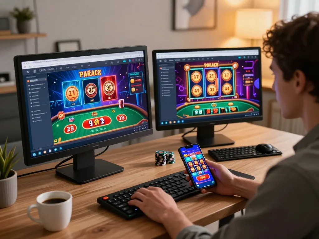Engaging in online gaming at tg88, showcasing interactive poker and slot games on screen.