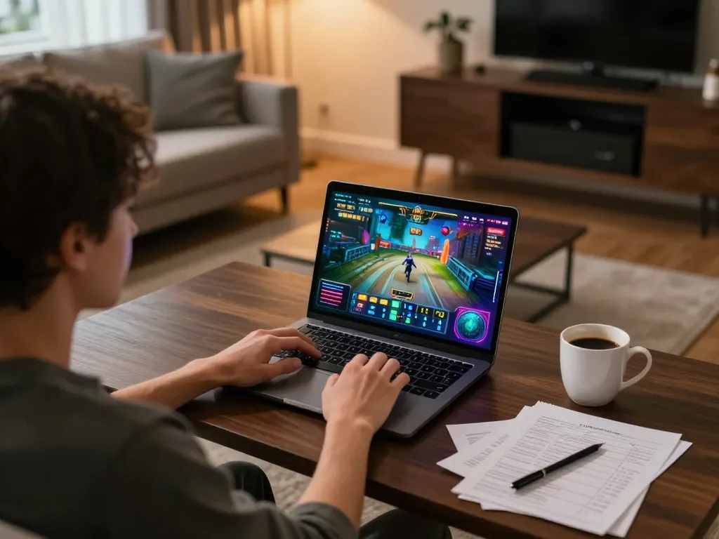 Engaged player utilizing 23Win platform for online casino gaming at home, showcasing strategic gameplay.