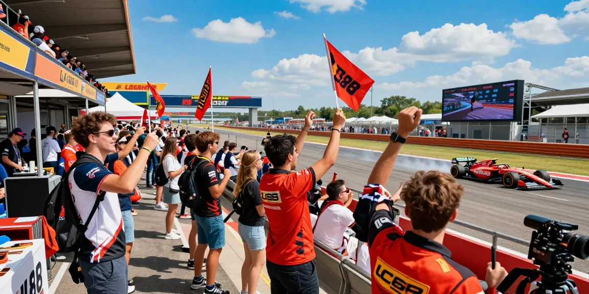 Fans celebrating at a vibrant racing event, showcasing LC88-themed apparel and excitement during a motorsport race.